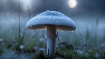 Mushroom with Water Droplets on Grass photo