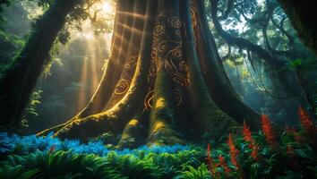 Ancient Tree with Glowing Designs in Lush Green Forest photo
