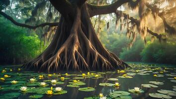 Swamp Landscape with Tree and Water Lilies photo