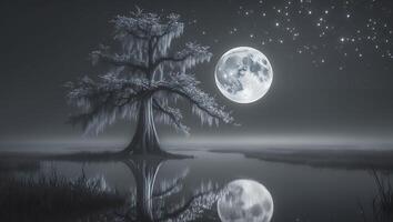 Tree Under Full Moon Reflecting in Water at Night photo