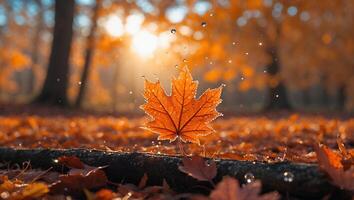 Autumn Leaf in Sunlight with Water Droplets on a Log photo