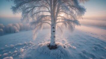 Winter Birch Tree on Snowy Field at Sunrise photo