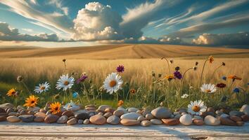 Field Flowers with Stone Border Under Cloudy Sky photo