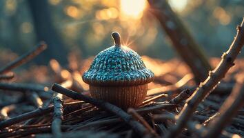 Acorn on Twigs with Sunlight in Forest photo