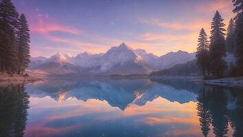 Snowy Mountain Reflection on Lake at Sunset photo