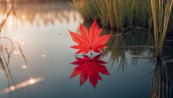 Red Maple Leaf on Water Reflects in Pond photo