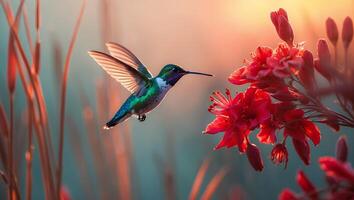 Hummingbird Flying Near Red Flower photo