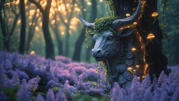 Stone Bull Statue in Forest with Lavender and Mushrooms photo