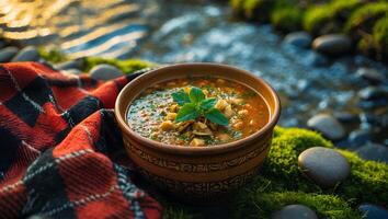 Bowl of Soup Next to River with Plaid Blanket photo