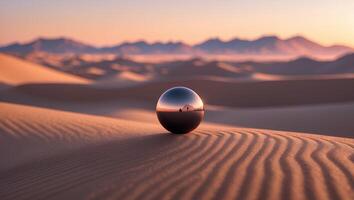Desert Landscape with Sphere Reflection, Sunset and Sand photo