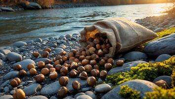 Bag of Nuts Spilled on Rocky River Bank photo