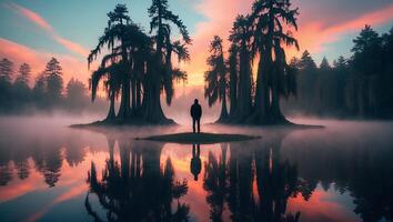 Person Standing on Island with Cypress Trees at Sunset photo