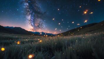 Milky Way Over Field with Lights at Night photo