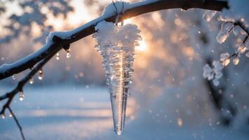 Icicle Hangs From Snowy Tree Branch in Winter Sunlight photo