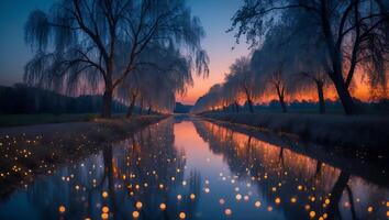 Canal Reflects Trees and Lights at Twilight photo