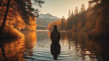 Person Standing in a Lake with Mountains and Trees photo