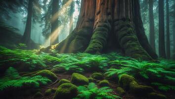 Giant Tree in Forest with Sunbeams and Mossy Ferns photo