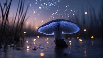 Mushroom in Water with Bokeh Lights and Grass photo