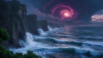 Ocean Cliff with Strange Light in Night Sky photo