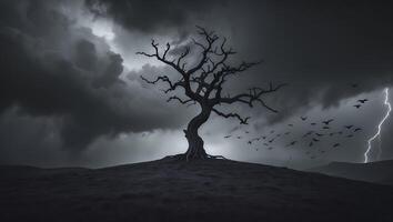Silhouette of Tree Against Storm Cloud and Lightning photo