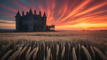 Old Building in Wheat Field at Sunset photo