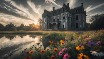 Old House at Sunrise in Colorful Field photo