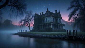 Old House on Lake at Night photo