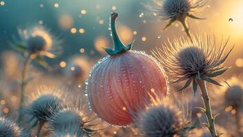 Thistle Flower with Water Drops in Field photo