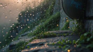 Rain Falling on Stone Steps with Lush Green Growth and a Hazy Background photo