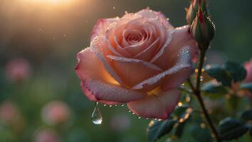 Pink Rose with Water Droplets in Garden photo