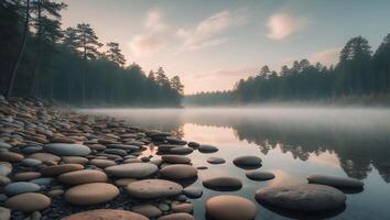 River with Fog and Stones at Sunrise photo