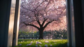 Cherry Blossom Tree in Bloom Through Window photo