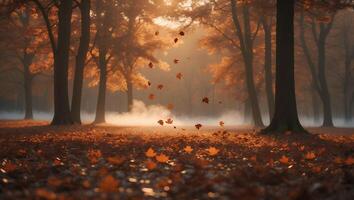 Autumn Forest Leaves Falling on Ground Trees Fog Sunlight photo