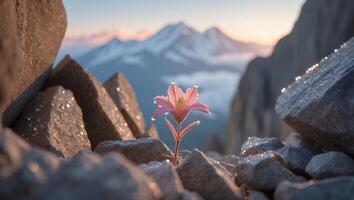 Pink Flower Growing on Mountain with Dew Drops photo
