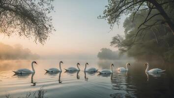 Swans on Misty Lake at Dawn photo