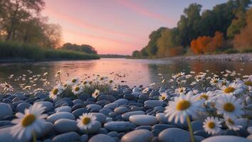 Daisy on River Stones at Sunset photo
