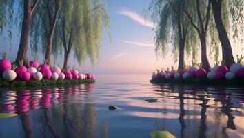 Radishes and Trees Reflecting in Water photo