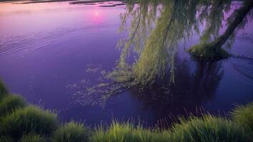 Willow Tree Branches Over Water at Sunset photo