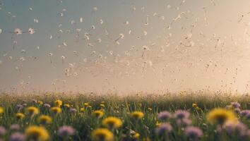 Dandelion Seeds Floating in a Meadow photo