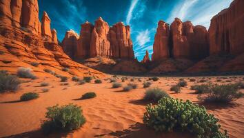 Red Rock Formation in Desert Landscape Under Blue Sky photo