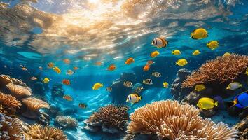 Coral Reef with Swimming Fish Under Sea Surface photo