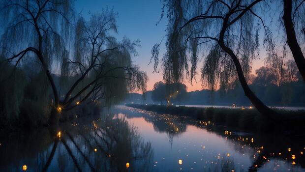 Willow Tree Over River with Reflection at Dusk photo