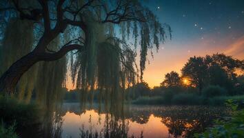 Willow Tree by Lake at Sunset with Stars and Reflections photo