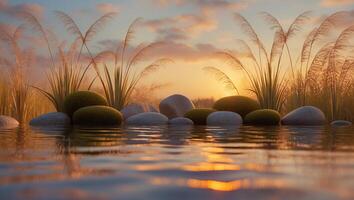 Sunset Reflection in Water with Reeds and Stones photo