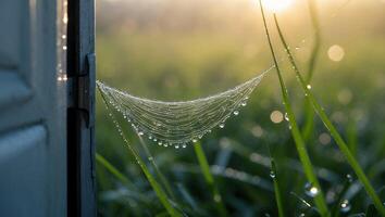 Spider Web with Dew Drops on Grass in Morning Light photo