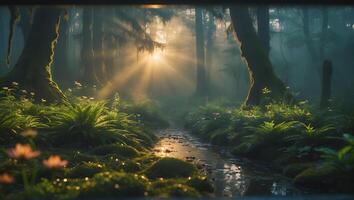 Sunlight in Forest Mossy Trees, Ferns, and Stream photo