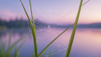 Spiderweb on Grass with Water Droplets at Sunrise photo