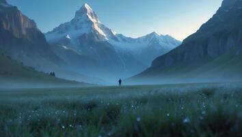 Snowy Mountain Landscape with a Figure in Misty Field photo