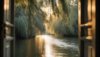 River View Through Open Door in Misty Morning Light photo