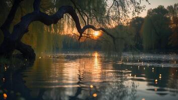 Lake with Tree During Sunset photo
